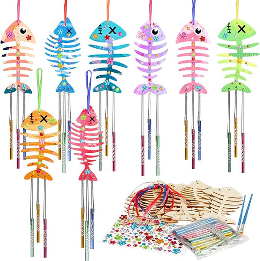 Fennoral 12 Pack Wind Chime Kit Spring Craft for Kids Wooden Arts and Crafts for Girls Boys Make Your Own Fish Wind Chime Ornaments DIY Coloring Fish Craft for Winter Birthday Party Supplies