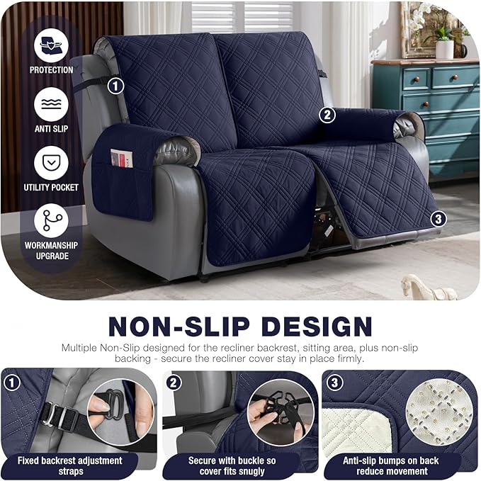 TAOCOCO 100% Waterproof Oversized Loveseat Recliner Cover, Non Slip Split Loveseat Covers for Reclining Loveseat with Elastic Straps for Kids Pets(Oversized 2 Seater, Navy Blue)