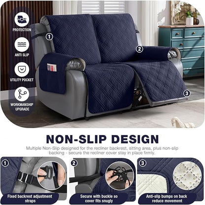 TAOCOCO 100% Waterproof Oversized Loveseat Recliner Cover, Non Slip Split Loveseat Covers for Reclining Loveseat with Elastic Straps for Kids Pets(Oversized 2 Seater, Navy Blue)