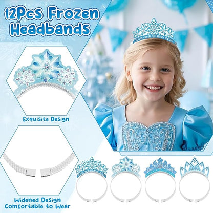 Frozen Party Favors Birthday Supplies Frozen Ribbon Wand Princess Tiara Crown Diamond Ring Slap Bracelet Sticker Snowflake Winter Elsa Party Favors Goodie Bags Stuffers Birthday Party Decorations