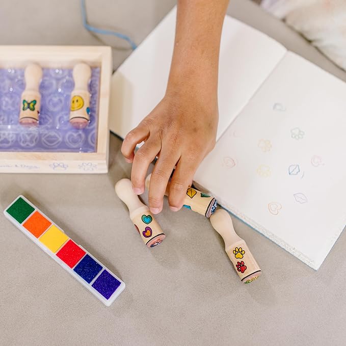 Melissa & Doug Happy Handles Wooden Stamp Set: 6 Stamps and 6-Color Stamp Pad With Washable Ink, Easy To Hold Stampers For Kids Ages 4+