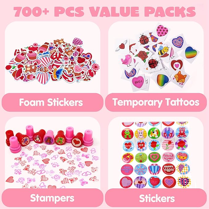 JOYIN 700+ Pcs Valentines Day Party Favor Supplies Craft Set, Foam Stickers for Kid, Tattoos, Stampers & Stickers for Decorations, Photo Props, School Classroom Holiday Exchange Game Prizes, Art Craft