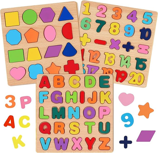Attmu Wooden Puzzles for Toddlers 1 2 3 4 5 Year Old, Alphabet Puzzle Number Puzzle Shape ABC Puzzle, 3 in 1 Preschool Educational Learning Toys with Puzzle Board for Girls Boys Set of 3