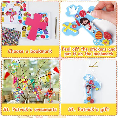 Qyeahkj 32 Sets Sunday School Foam Craft for Kids He is Risen Bookmark Craft DIY Easter Religious Craft Kit Easter Egg Bunny Foam Stickers Cross Craft for School Home Activities Party Favor