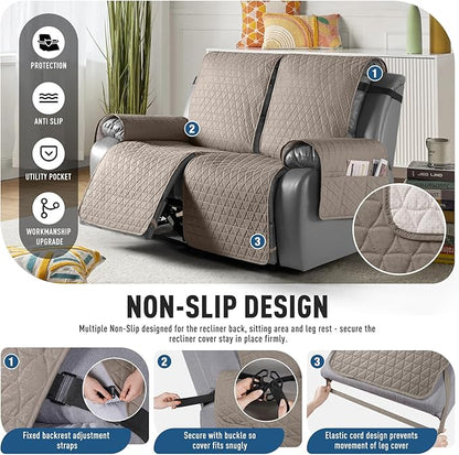 TAOCOCO 100% Waterproof Loveseat Recliner Cover-Recliner Cover with Non-Slip Granule, Recliner Chair Covers with Elastic Band,Washable Recliner Chair/Furniture Protector for Pets(Taupe, 2 Seater)
