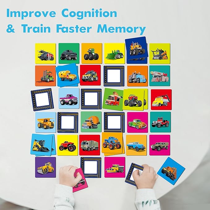 Hebayy Truck Matching Game, 72 PCS Traffic Memory Matching Cards for Toddlers 36 Pairs Transportation Memory Cards Educational Toys for Preschool Boys & Girls 4 5 6 Years Old