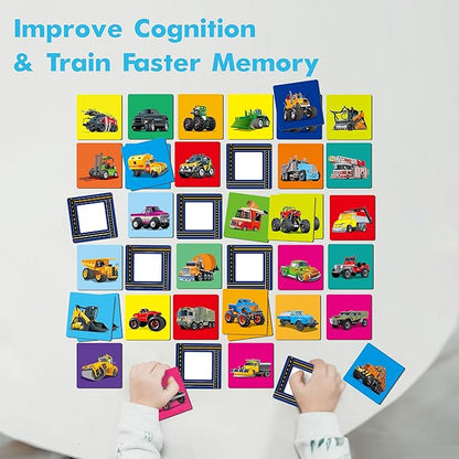 Hebayy Truck Matching Game, 72 PCS Traffic Memory Matching Cards for Toddlers 36 Pairs Transportation Memory Cards Educational Toys for Preschool Boys & Girls 4 5 6 Years Old