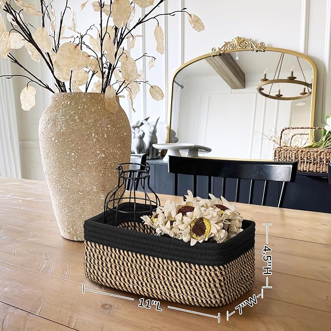 Goodpick Storage Baskets, Small Baskets for Organizing Gift Basket Empty Woven Rope Basket for Shelves Closet Organizer Bins for Towels 3 Pack, Black & Jute, 11 x 7 x 4.5 in