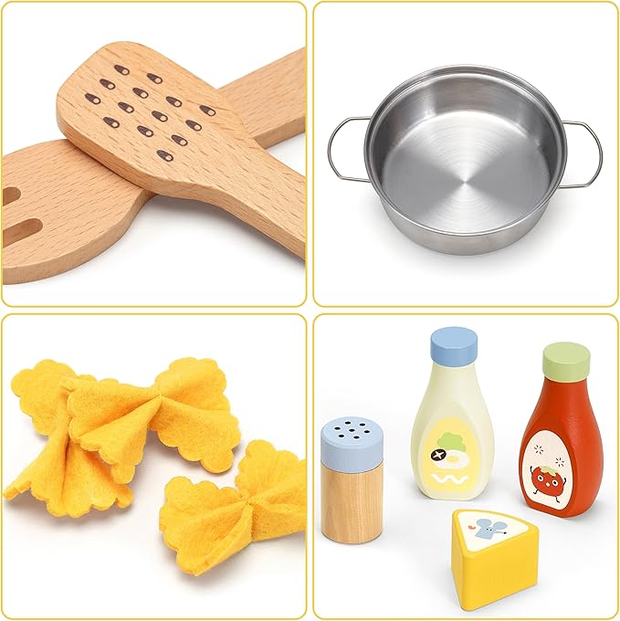 Pasta Food Toys, Wooden Play Kitchen Food , Play Food with Pots and Pans Playset, Kids Pretend Play Kitchen Accessories Toys Set for Girls Boys 3+Years Old