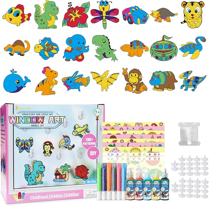 CAPKIT 36Pcs Suncatcher Kits for Kids, Window Art Kids Crafts, 11 Paints for Creative DIY, Arts and Crafts Gift for Kids Children 4-8