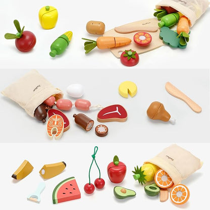 PairPear Wooden Toys Play Food Sets for Kids Kitchen, Kids Toy Food Cutting Fruit Set for Toddlers 3+ Years Old, Pretend Food Play Kitchen Accessories for Girls and Boys