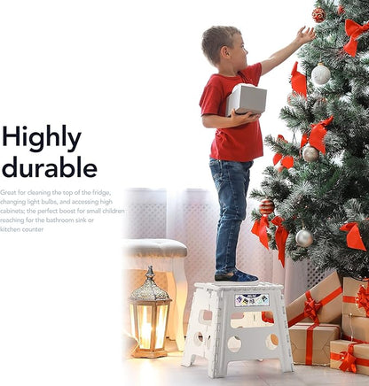 Delxo 13" Folding Step Stool for Kids and Adults, Non-Slip Foldable Step Stools with Handle,Plastic Portable Folding Stool for Bathroom,Bedroom,Kitchen,Hold up to 300lbs White