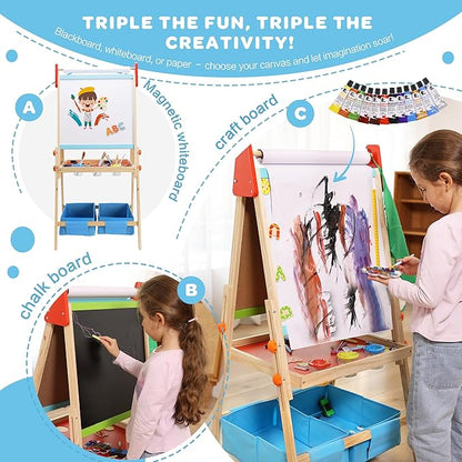 3 in 1 Adjustable Kids Art Drawing Easel Set-Sided Magnetic Whiteboard & Chalkboard with Painting Paper Roll - Versatile Art Station Gift for Toddlers, Kids and Childrens Ages 3+
