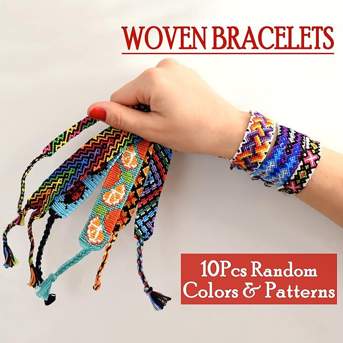 Novelty Place 10 Pcs Woven Bracelet Bulk for Women & Girls - Nepal Style Friendship Bracelets Handmade Braided Rope Wrist String Chain (Random Colors & Patterns)