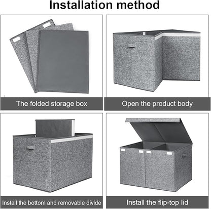 122L Large Toy Chest Box with Lid, Foldable Toy Storage Organizer Bin Boxes with Removable Divider for Kids, Boys, Girls, Nursery, Playroom, 26"x17" x17"(Linen Gray)