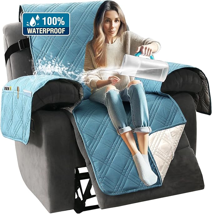 H.VERSAILTEX 100% Waterproof Recliner Covers for Recliner Chair 1-Piece Reversible Recliner Covers for Large Recliner with Elastic Straps Sitting Width Up to 28" (Oversized Recliner, Smoke Blue/Beige)