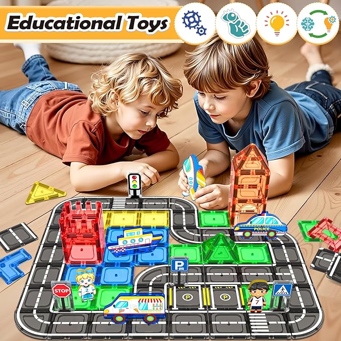 104 PCS Magnetic Tiles Road Set, STEM Construction Toys for Kids Ages 3-5 5-7 4-8, Magnet Building Blocks for Toddler Toys Games, Christmas Birthday Gifts for 3+ Year Old Boys Girls