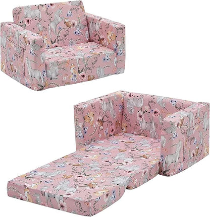 Ulax furniture Kids Convertible Sofas Children Flip-Out Sofa - 2-in-1 to Lounge Chair (Pink Unicorn)