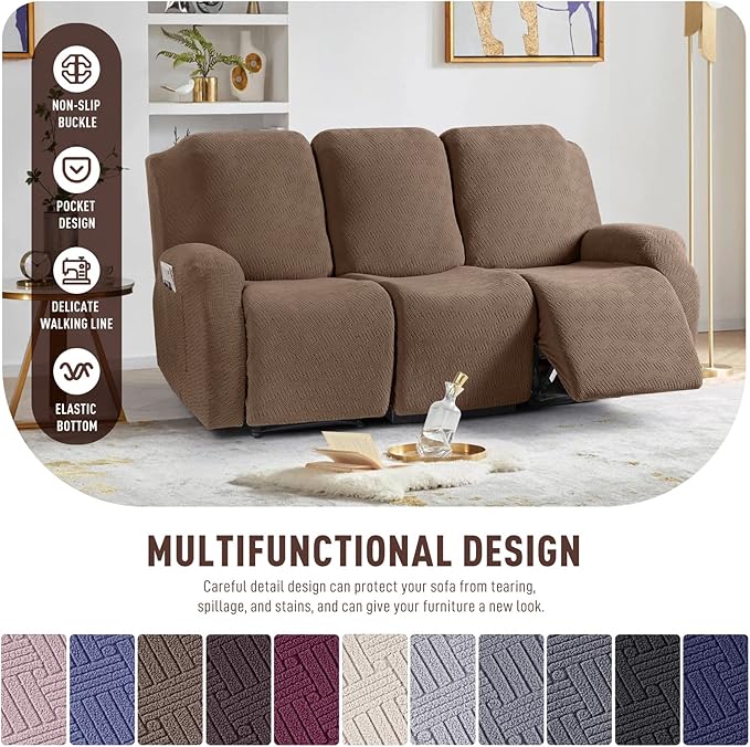 KinCam Recliner Covers, Stretch Reclining Chair Covers, Recliner Sofa Slipcovers Stripe Jacquard Recliner Couch Covers Furniture Protector Covers for Pet Kid (3 Seater, Light Coffee)