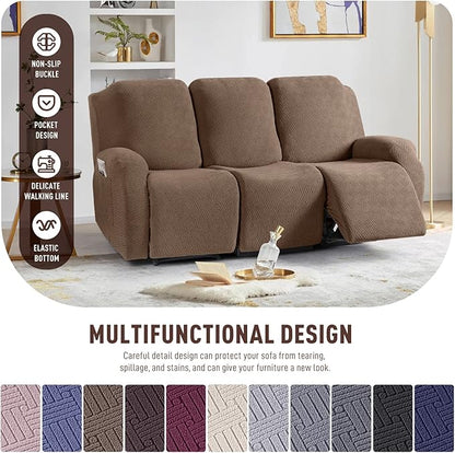 KinCam Recliner Covers, Stretch Reclining Chair Covers, Recliner Sofa Slipcovers Stripe Jacquard Recliner Couch Covers Furniture Protector Covers for Pet Kid (3 Seater, Light Coffee)