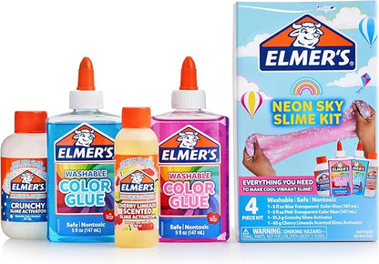 Elmer’s Neon Sky Slime Kit, Slime Supplies Include Transparent Color Liquid Glue, Crunchy Slime Activator, Cherry Limeade Slime Activator, 4 Count
