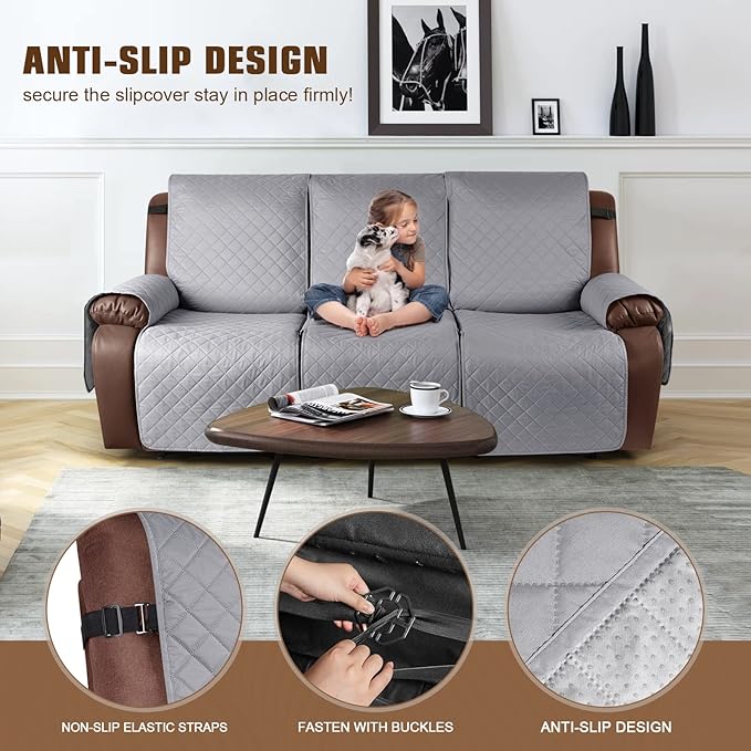 KinCam 100% Waterproof Recliner Sofa Covers, Non-Slip Reclining Couch Covers for 3 Seat, Recliner Couch Cover Furniture Protector with Elastic Straps for Pets, Kids, Light Gray