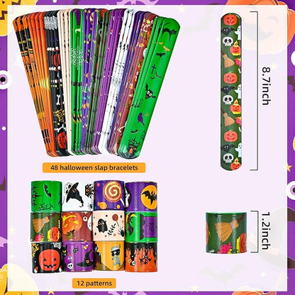 48pcs Halloween Slap Bracelets,Assorted Snap Bracelet Pumpkin Witch Wristbands for Kids Trick or Treat Halloween Party Favors Supply