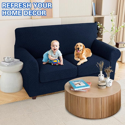 MAXIJIN 3 Piece Jacquard Couch Covers for 2 Cushion Couch Stretch Non Slip Love Seat Couch Cover for Dogs Pet Friendly Elastic Furniture Protector Loveseat Slipcovers (Loveseat, Navy Blue)