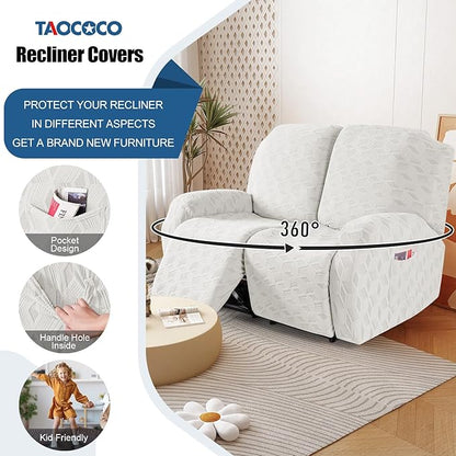 TAOCOCO Recliner Loveseat Cover, Stretch Jacquard Reclining Loveseat Cover Furniture Protector Sofa Slipcovers 2 Seat Recliner Covers with Elastic Bottom for Kids, Pets(Cream White)