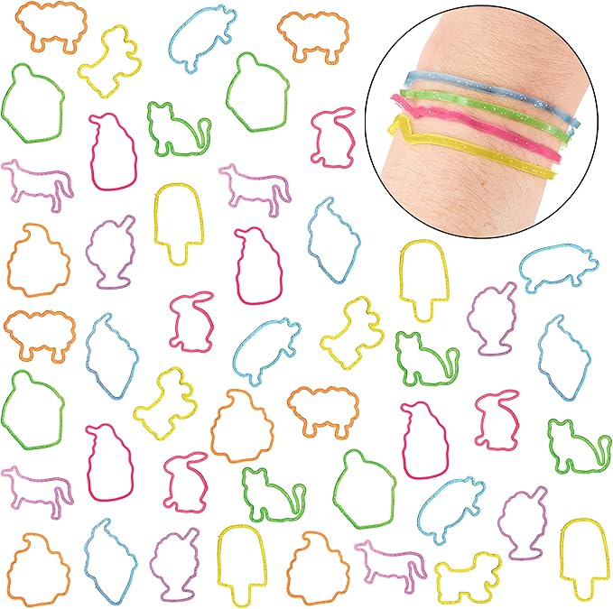 Expressions 48pc Shaped Gummie Bracelets - Bulk Pack Colorful Pastel Glitter Rubberband Bracelets, Kids Party Favors & Bracelet Kit