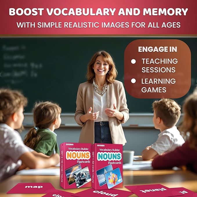 QUOKKA 104 Noun Flash Cards Set – Kids and Adults Vocabulary Builder for ABA Therapy, Early Childhood Education, and ESL Teaching – Picture Cards for Speech Therapy and Vocabulary Building Activities