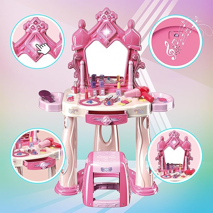 Pretend Play Girls Makeup Table Set with Stool，Kids Vanity Set with Lights and Music，Toddler Beauty Salon Set with Makeup Accessories & Hair Dryer Toy，Best Birthday Gifts for Toddlers 2-5 Years Old