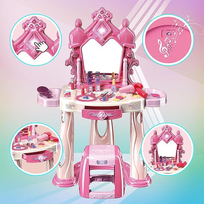 Pretend Play Girls Makeup Table Set with Stool，Kids Vanity Set with Lights and Music，Toddler Beauty Salon Set with Makeup Accessories & Hair Dryer Toy，Best Birthday Gifts for Toddlers 2-5 Years Old