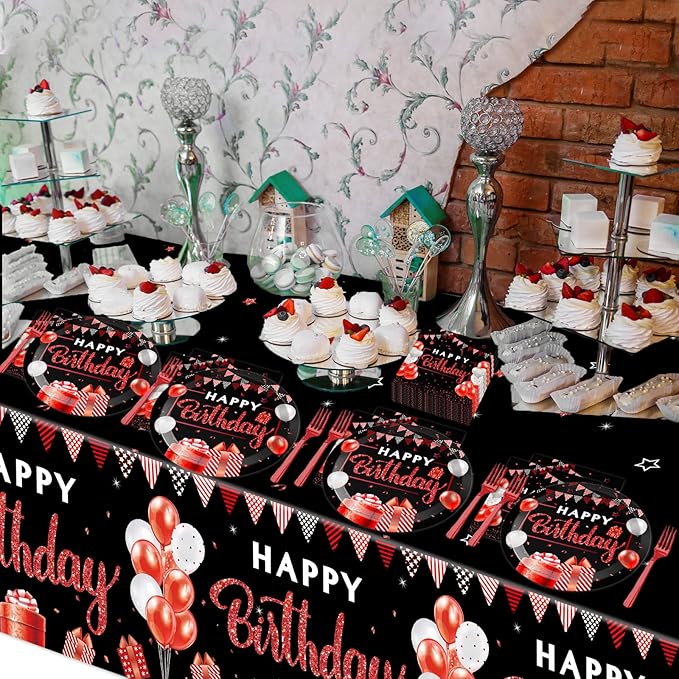 Red and Black Birthday Party Supplies Confetti Sprinkles Happy Birthday Party Tableware Includes Party Plates Napkins Fork and Red and Black Tablecloth for Birthday Parties Decorations Set Serve 20