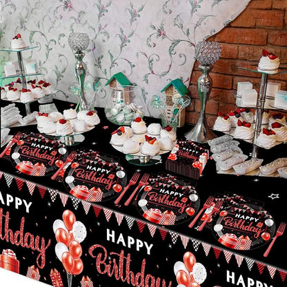 Red and Black Birthday Party Supplies Confetti Sprinkles Happy Birthday Party Tableware Includes Party Plates Napkins Fork and Red and Black Tablecloth for Birthday Parties Decorations Set Serve 20