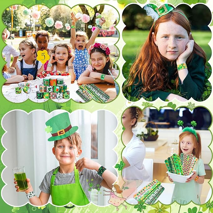 JUNEBRUSHS St. Patrick's Day Slap Bracelets, 56 Pack Saint Patricks Party Favors for Kids Shamrock Slap Bands Irish Clover Wristbands Snap Bracelets Bulk for Boys Girls Birthday Gifts Party Supplies