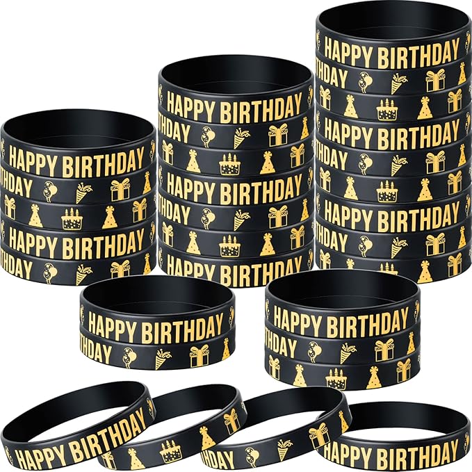 Junkin 30 Pieces Birthday Party Rubber Bracelets Silicone Stretch Wristbands Letters Patterns Printed Party Supplies Inspirational Quote Silicone Bracelets for Men and Women (Birthday Style)
