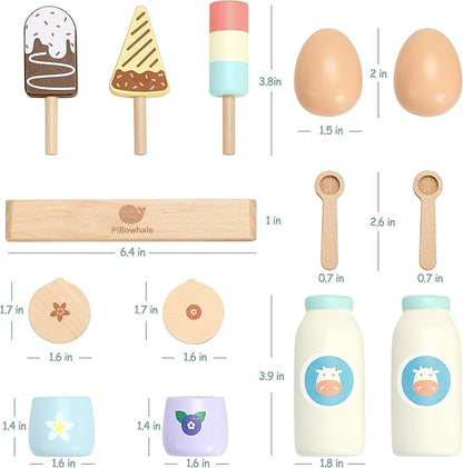 Pillowahle Wooden Play Food for Toddler 3+ Year Old, Kid Toy Food, Pretend Food with Milk Yogurt Egg Ice Cream Toy, Kids Play Kitchen Accessories, Gift for Boys Girls