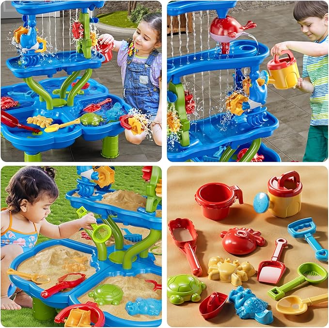 4-Tier Water Table for Toddlers 1-3 3-5, Sand Beach Water Table Toys for Kids, Water and Sand Sensory Table Beach Outdoor Birthday Gifts Toys for Kids Toddlers Age 3 4 5 6 7 8 Boys Girls