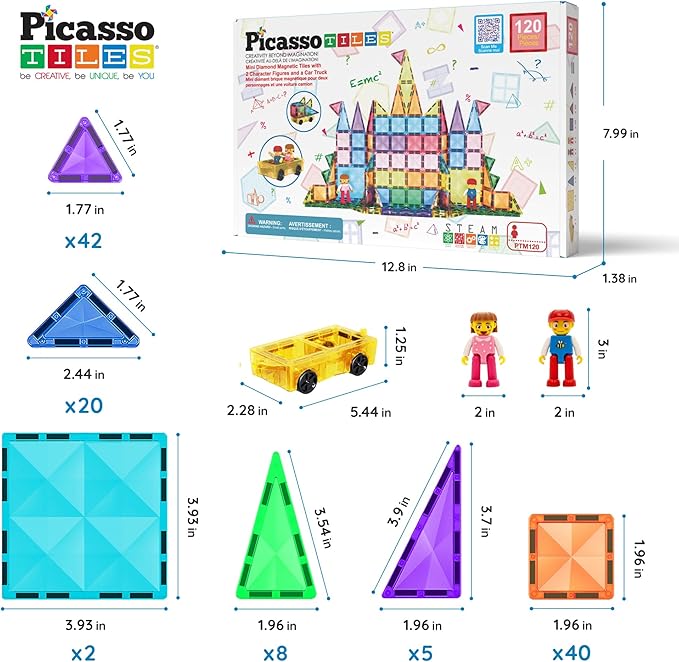 PicassoTiles 120 Piece Magnetic Building Block Mini Diamond Series Travel Size Magnet Construction Toy Set STEM Learning Kit Educational Playset Child Brain Development Stacking Blocks PTM120