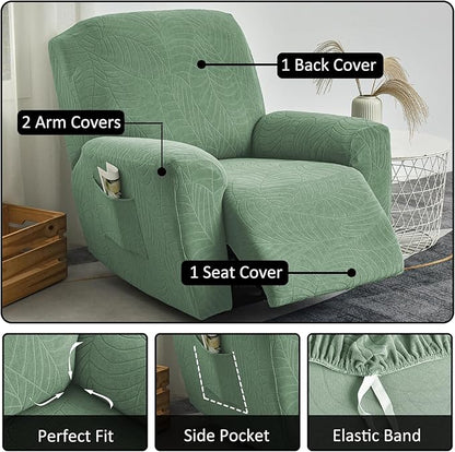 NILUOH Stretch Recliner Chair Cover 4-Pieces Recliner Covers for Large Recliner Jacquard Lazy Boy Chair Covers Soft Reclining Chair Cover Furniture Protector with Elastic Bottom (Leaf Green)