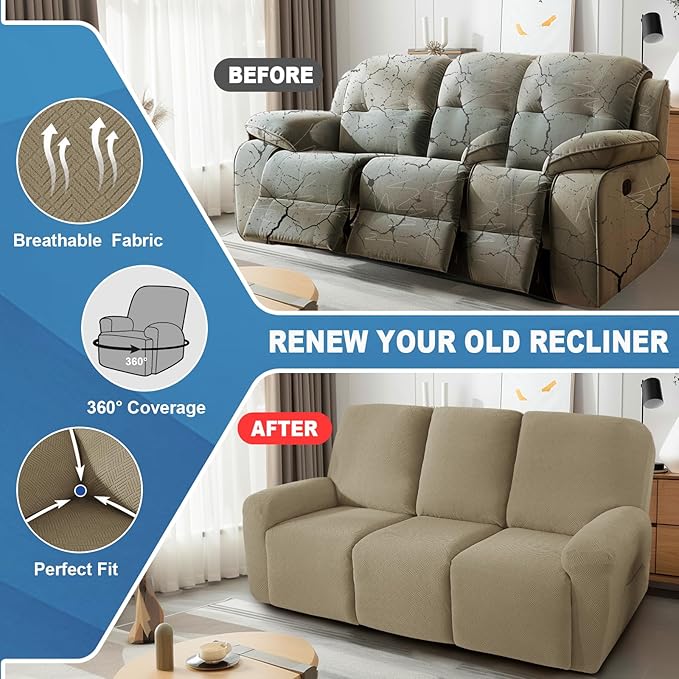 JIVINER 5 Pieces Recliner Sofa Covers Stretch Recliner Sofa Slipcover with Elastic Bottom Jacquard Fitted Reclining 3 Cushion Couch Cover Furniture Protector with Pockets (3 Seater, Khaki)
