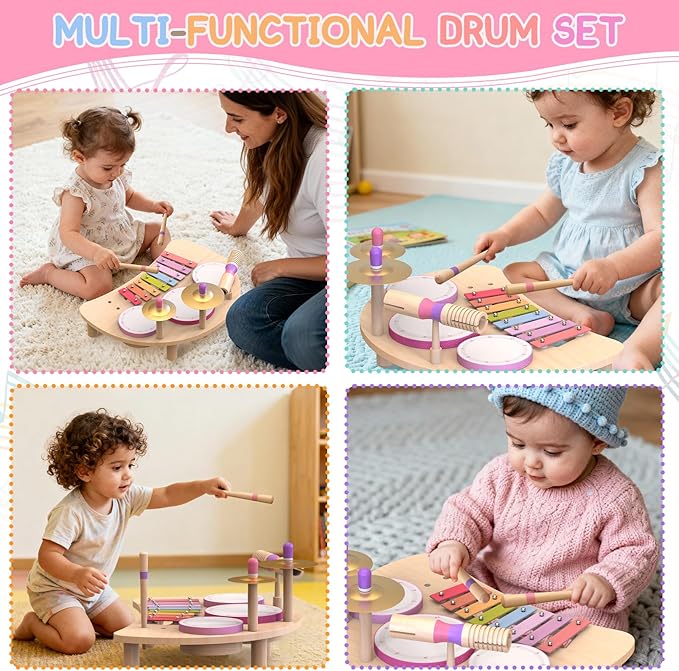 Kids Drum Set Montessori Musical Instruments for Toddlers 1-3, Wooden Baby Drum Kit with Xylophone, Preschool Music Toys for Early Learning, Educational Birthday Gift for Boys Girls (Pink)