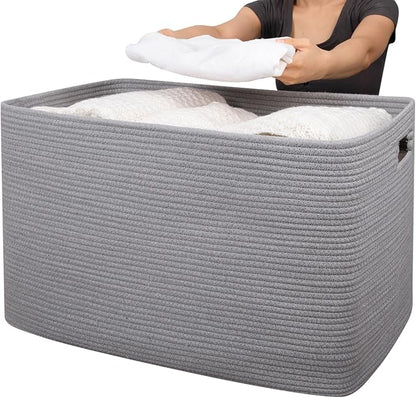 OIAHOMY 118L XXXLarge Cotton Rope Storage Basket, Oversized Blanket Basket, Used for Organizing Dirty Clothes in Living Room, Bedroom, Nursery, Dog Toy Storage Bins, 25" x 17" x 16",Grey
