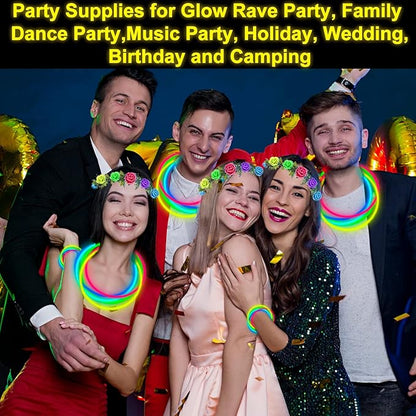 106 Pack New Years Eve Glow in the Dark Party Supplies-100 Glow Sticks Bulk Party Pack and 6 LED Flower Crowns Headbands Light Up Party Favors for Adult Kids New Years Birthday Party Accessories