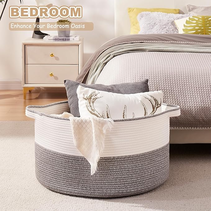 OIASKET Large Blanket Basket with Handles, 22.8" x 22.8" x 13" Woven Storage Basket for Living Room, Cotton Rope Baby Toy Storage for Clothes, Pillows, Towels-Grey and White