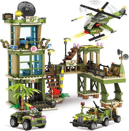 City Military Base Building Block, Compatible with Lego Military Base, Army Toy with War Helicopter, Marine Artillery Vehicle, Police Car, Gift for Kid 6 7 8 9 10 11 12 13 14 Years Old (811 Pieces)