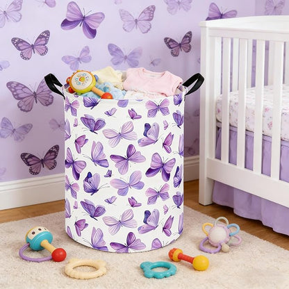 Butterfly hamper,Purple Laundry Basket,Baby Nursery Hamper,Waterproof foldable girls toy storage box,Dirty Clothes Hampers,Flower house decor(Purple Butterflies)