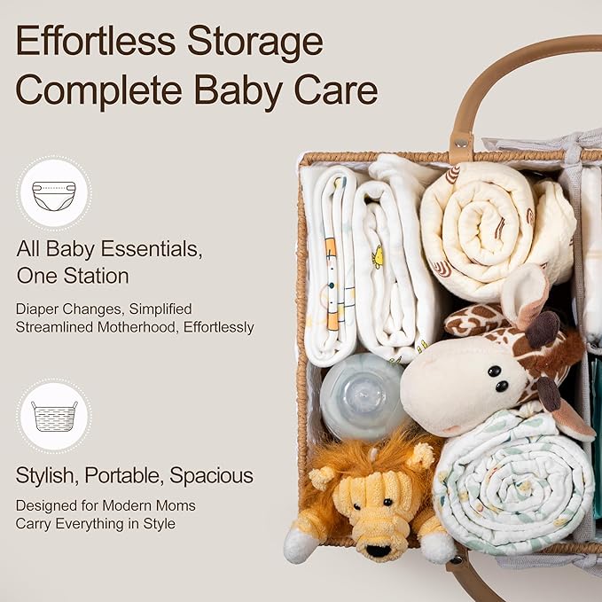 HBlife Large Baby Diaper Caddy Organizer, Paper Rope Storage Baskets Nursery Bin with Removable Divider, Portable Car Organizer for Diapers, Baby Shower Gifts, Newborn Essentials Must Haves