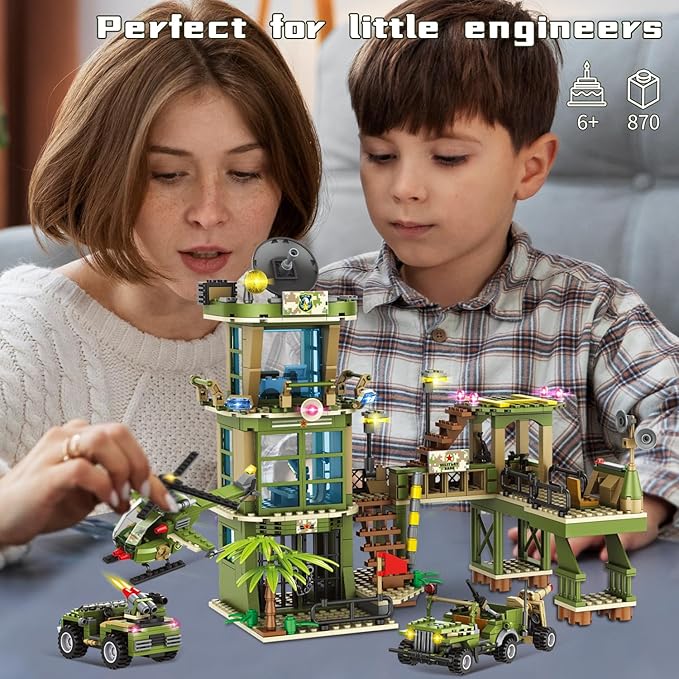 City Military Base Building Block, Compatible with Lego Military Base, Army Toy with War Helicopter, Marine Artillery Vehicle, Police Car, Gift for Kid 6 7 8 9 10 11 12 13 14 Years Old (811 Pieces)